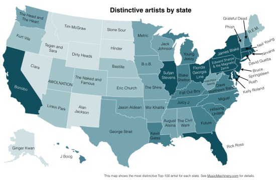 محبوب‌ترین هنرمند در هر ایالت
