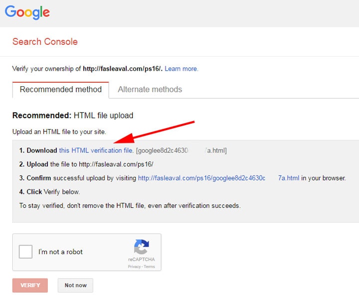 دانلود فایل لازم برای تایید مالکیت سایت برای کنسول جستجوی گوگل