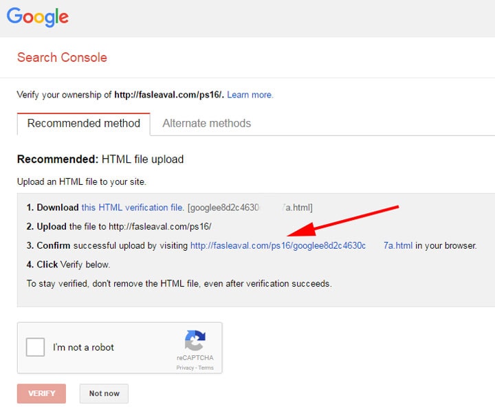 بررسی صحت آدرس فایل آپلود شده برای تایید مالکیت کنسول جستجوی گوگل