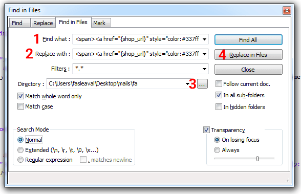 راهنمای پر کردن فیلدهای پنجره find in files در برنامه notepad++